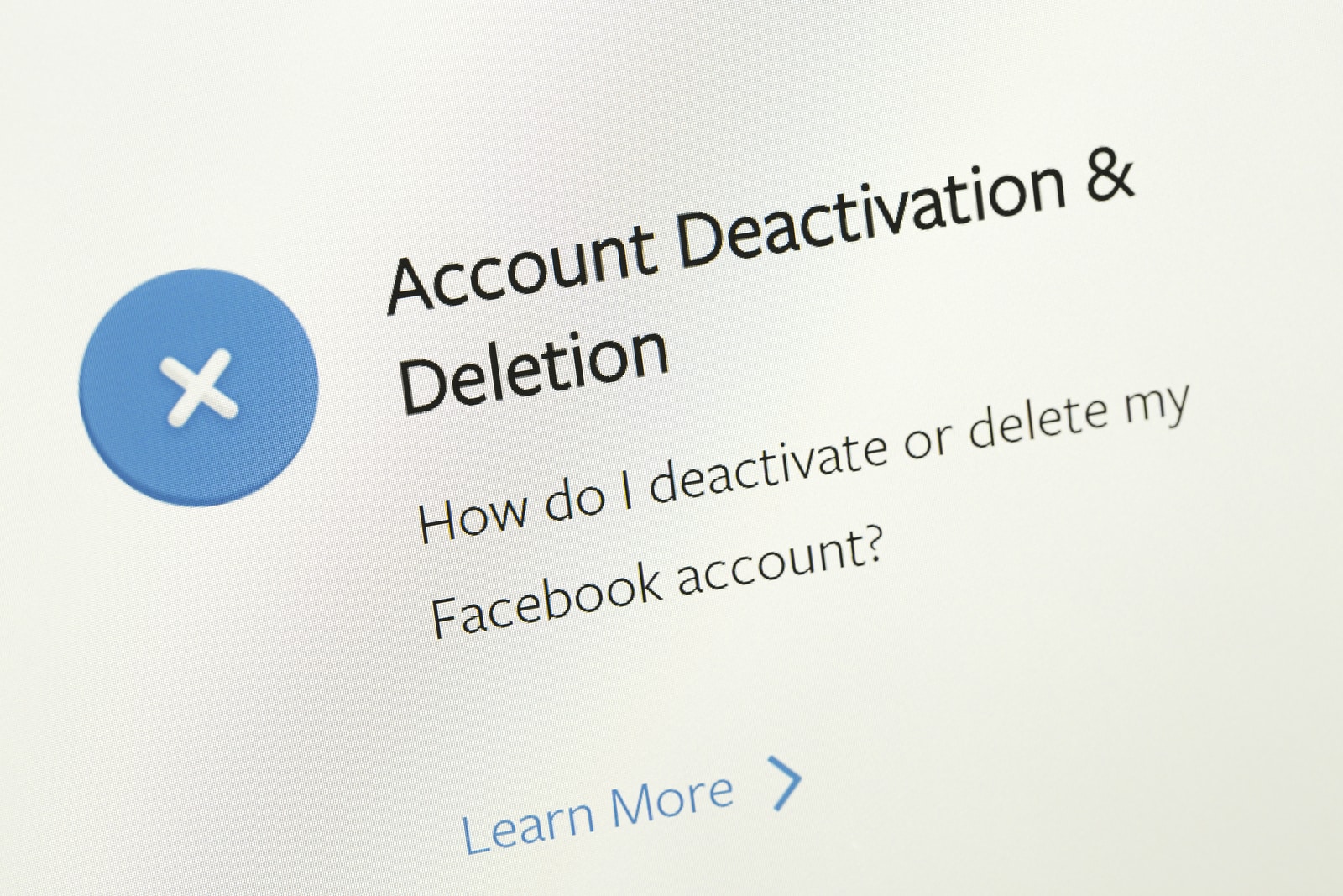 FAQ area about desactivation or deletion facebook account